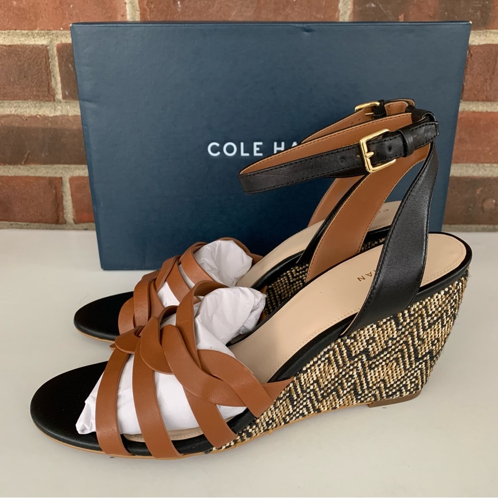 Cole Haan Myra Grand Wedge Sandals Women’s US 11 M Braided Black/Tan Leather NEW - Picture 4 of 8